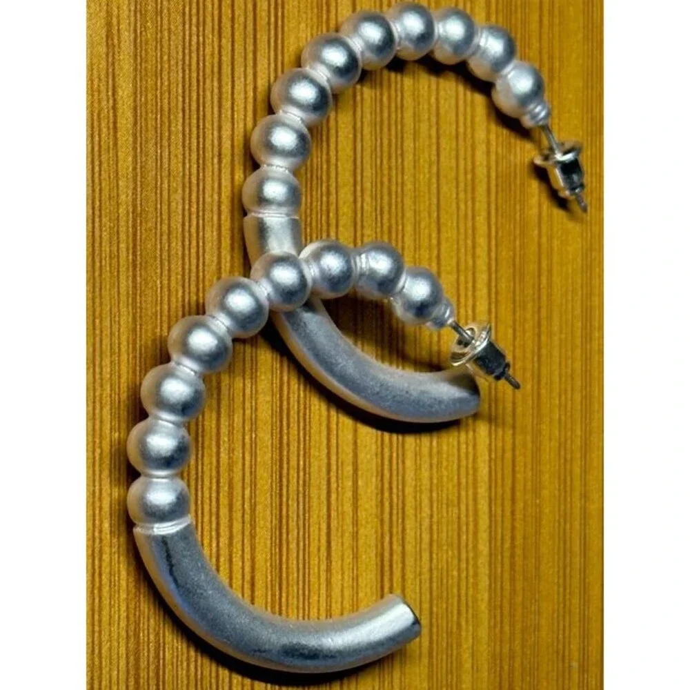 Sarah & Co Silver Tone Textured Bead Half Hoop Earrings Boho Statement Style New